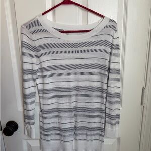 Longer Length White and Blue Striped Lightweight Sweater Medium